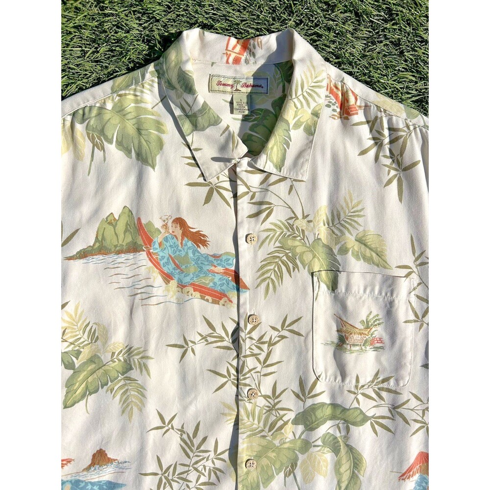 Tommy Bahama 100% Silk Camp Shirt L Japanese Garden Scenic Island Print